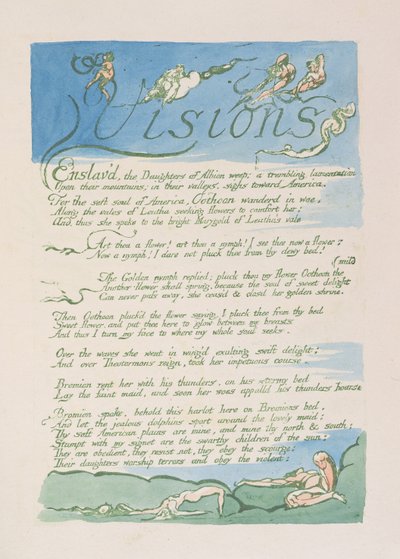 „Visions”, 4. tábla a „Visions of the Daughters of Albion”-ból, 1793 (domborműves rézkarc zöld színnel, wc-vel) alkotó: William Blake
